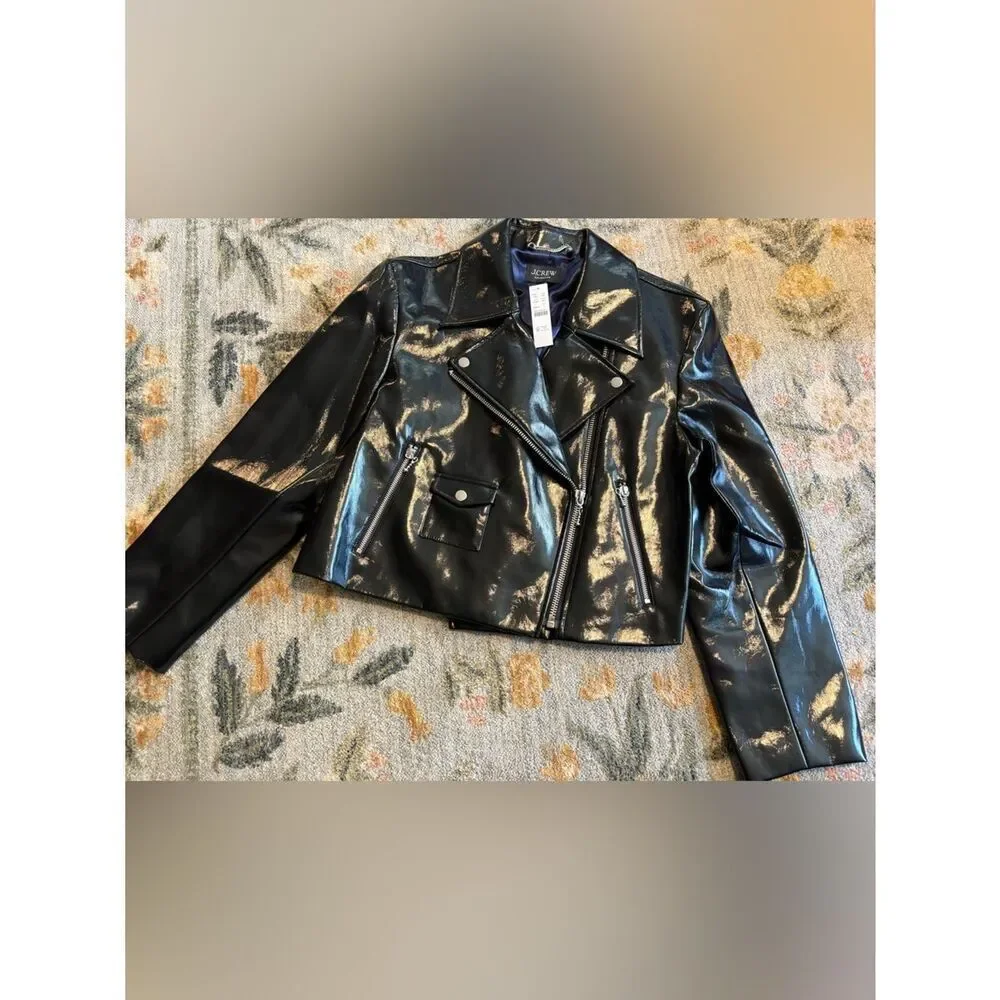 J.Crew Collection Black Cropped Moto Jacket In Faux Patent Leather Sz Large NWT